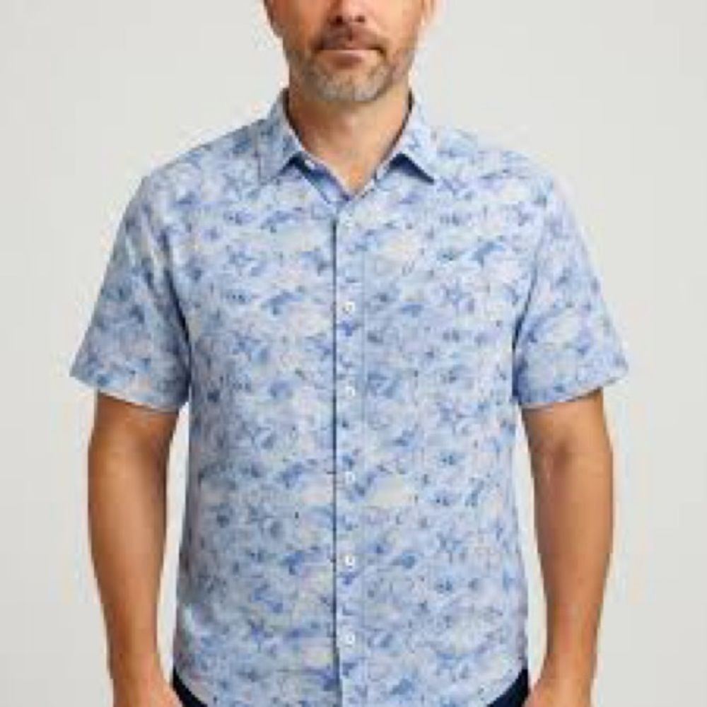 Bugatchi Shaped Fit Men's Linen Blue Sea Life Short Sleeve Shirt